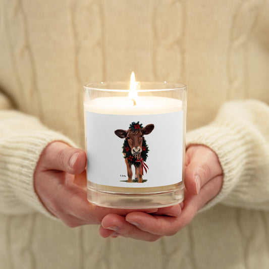 Candle, Christmas,Glass jar soy wax candle with 'LucyCow' Design by Artist Carol Landry