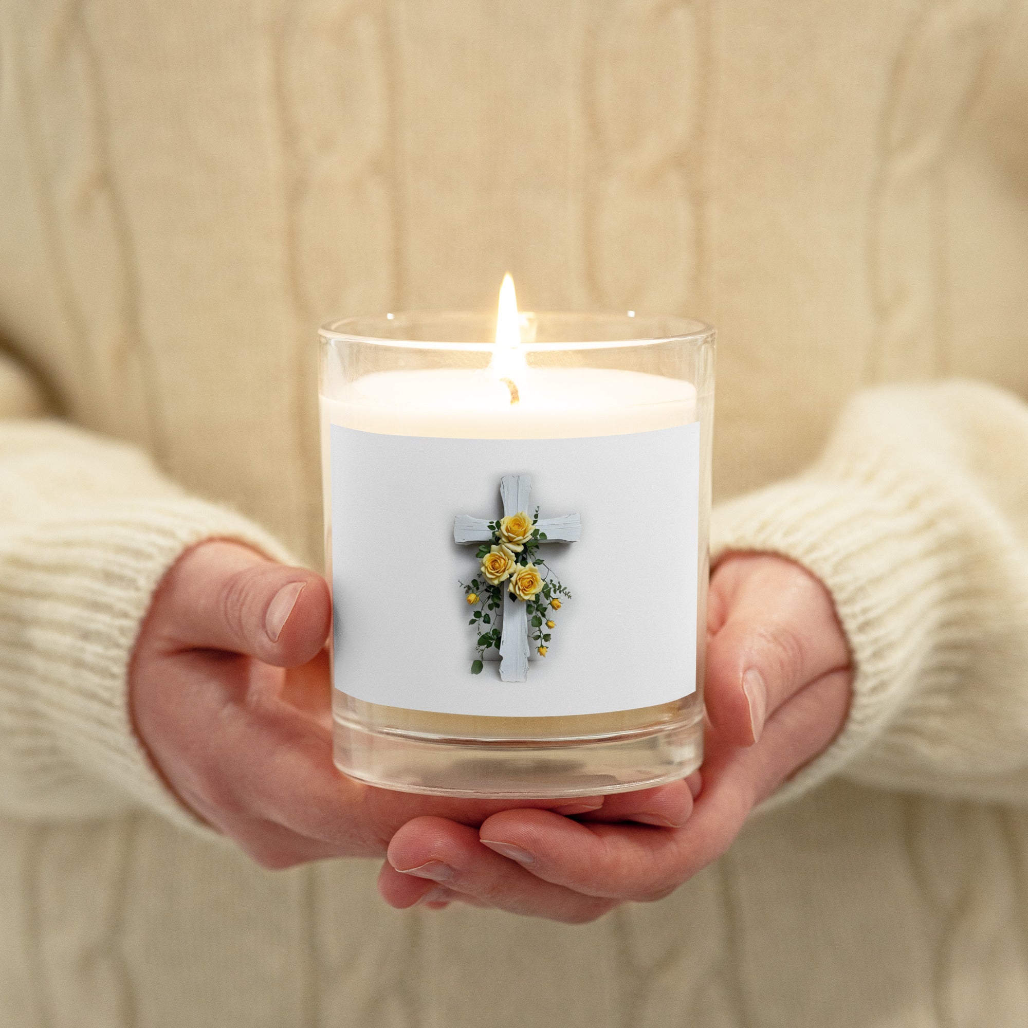 Candle, Glass jar soy wax candle with a White Cross with Yellow Roses