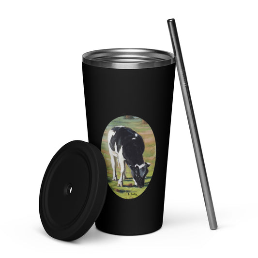 tumbler Insulated, with a straw with a Cow Grazing in Garner Valley, by Artist Carol Landry