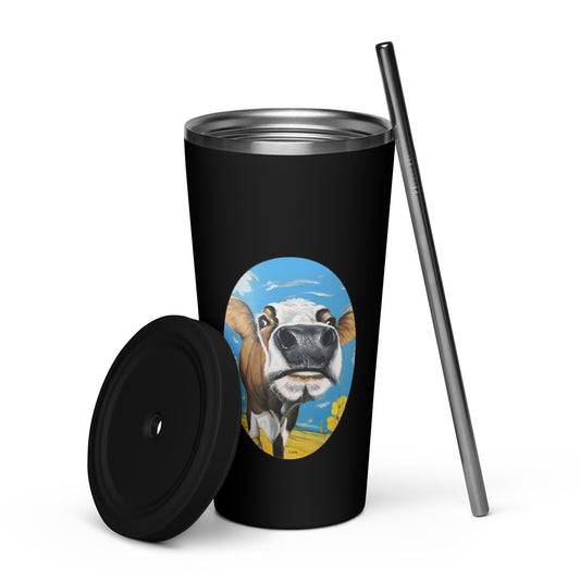 tumbler Insulated, with a straw, 'Donna's Cow', by Artist Carol Landry