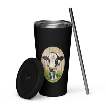 tumbler Insulated with a straw with 'Cow on Wood', by Artist Carol Landry