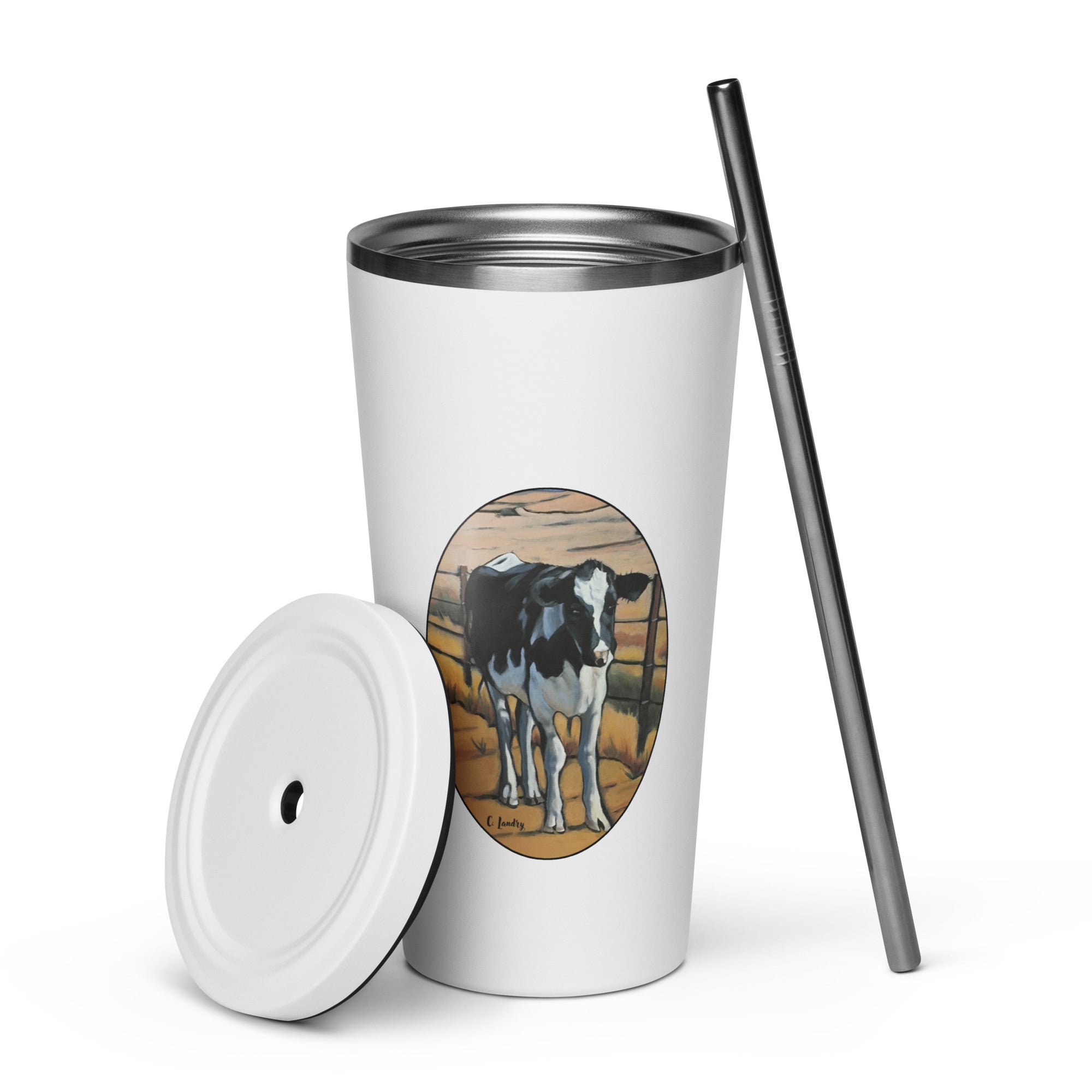 Tumbler Insulated with a straw with Cow on Farm, by Artist Carol Landry