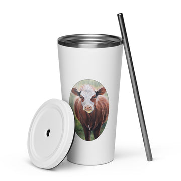 Tumbler, Insulated with a straw with a Hereford Cow Art by Artist Carol Landry