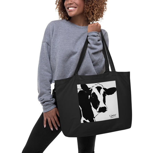 Tote Bag, Large Organic with a Cow Art  by Artist Carol Landry