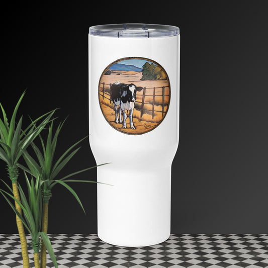 Travel mug with a handle with Cow on Farm by Artist Carol Landry