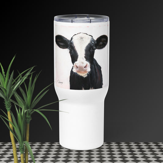 Travel mug with a handle with Bella Cow by Artist Carol Landry