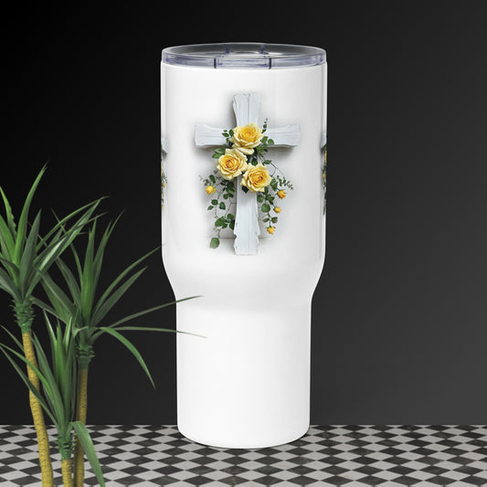 Travel mug with a handle with a White Cross and Yellow Roses Design