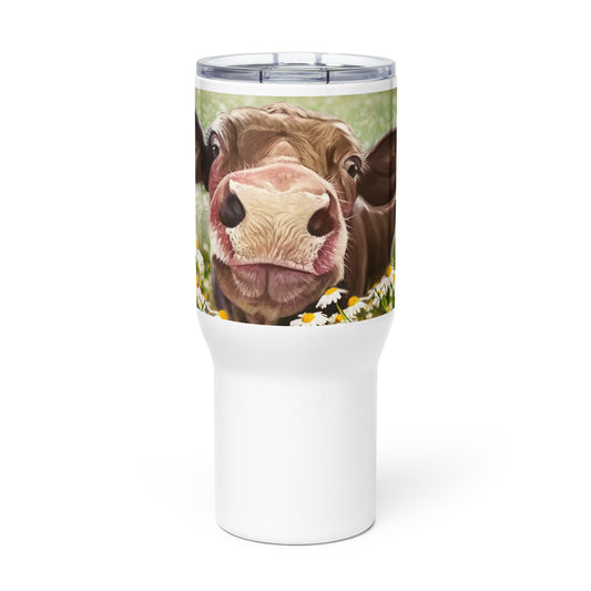 Travel mug with a handle with Camila Cow by Artist Carol Landry