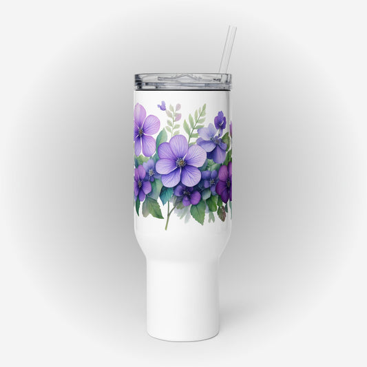 Travel mug with a handle with Purple Floral Design