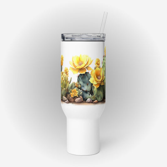 Travel mug with a handle with a Yellow Cactus Blooms Design