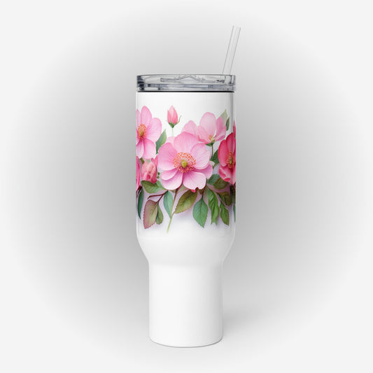 Travel mug with a handle with a Pink Floral Design