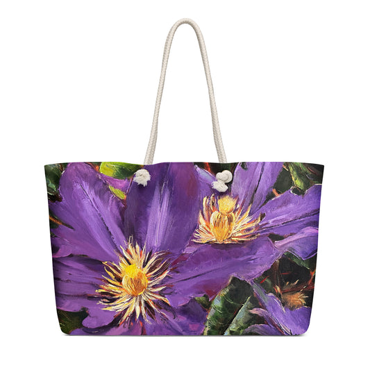 Oversized weekender bag with a paintig 'Purple Clamatis', by Artist Carol Landry
