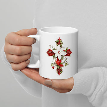 Mug, Christmas Cross with Pointsettia Design on a White Glossy Mug