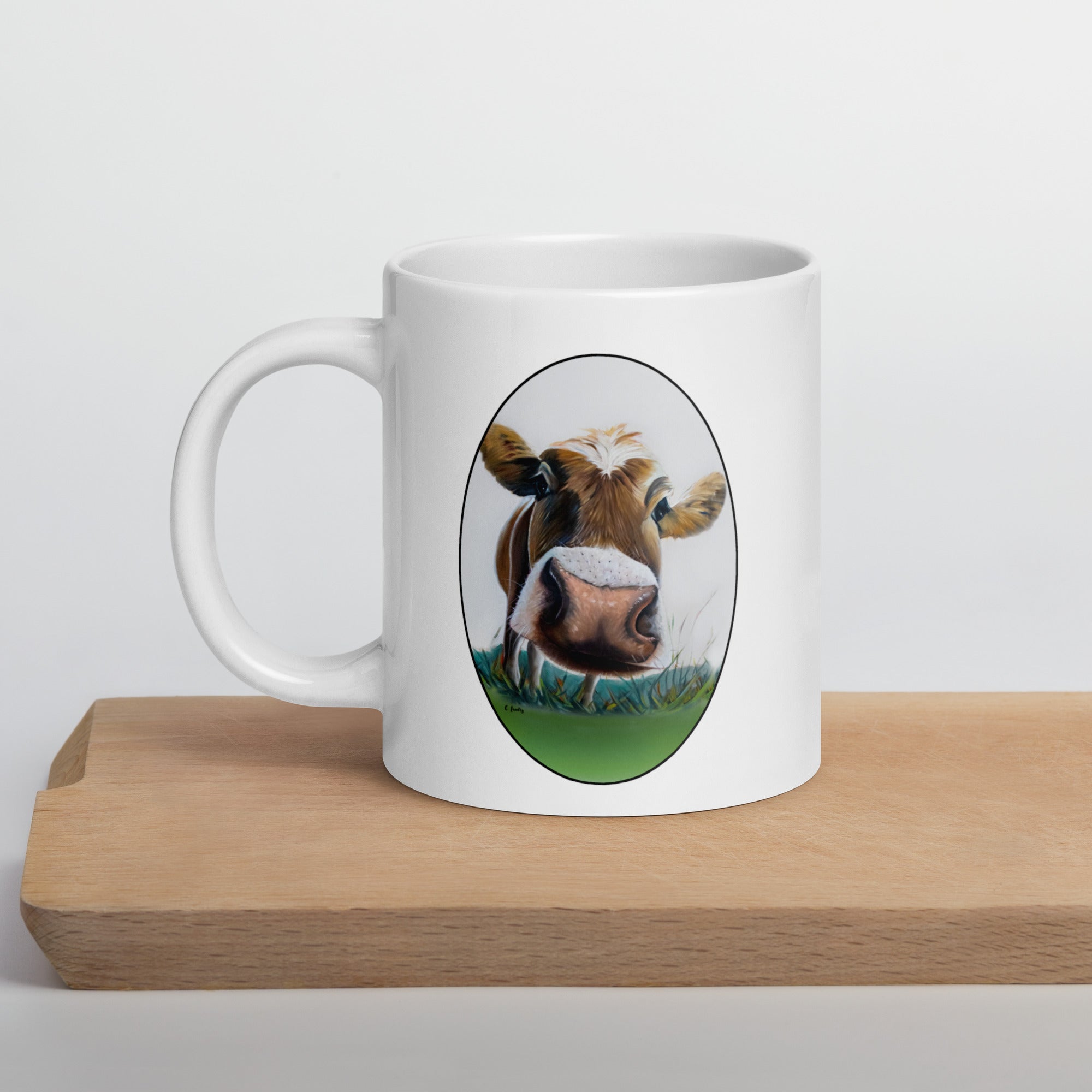 Mug, White Glossy with 'Bessie's Selfi Cow', by Artist Carol Landry