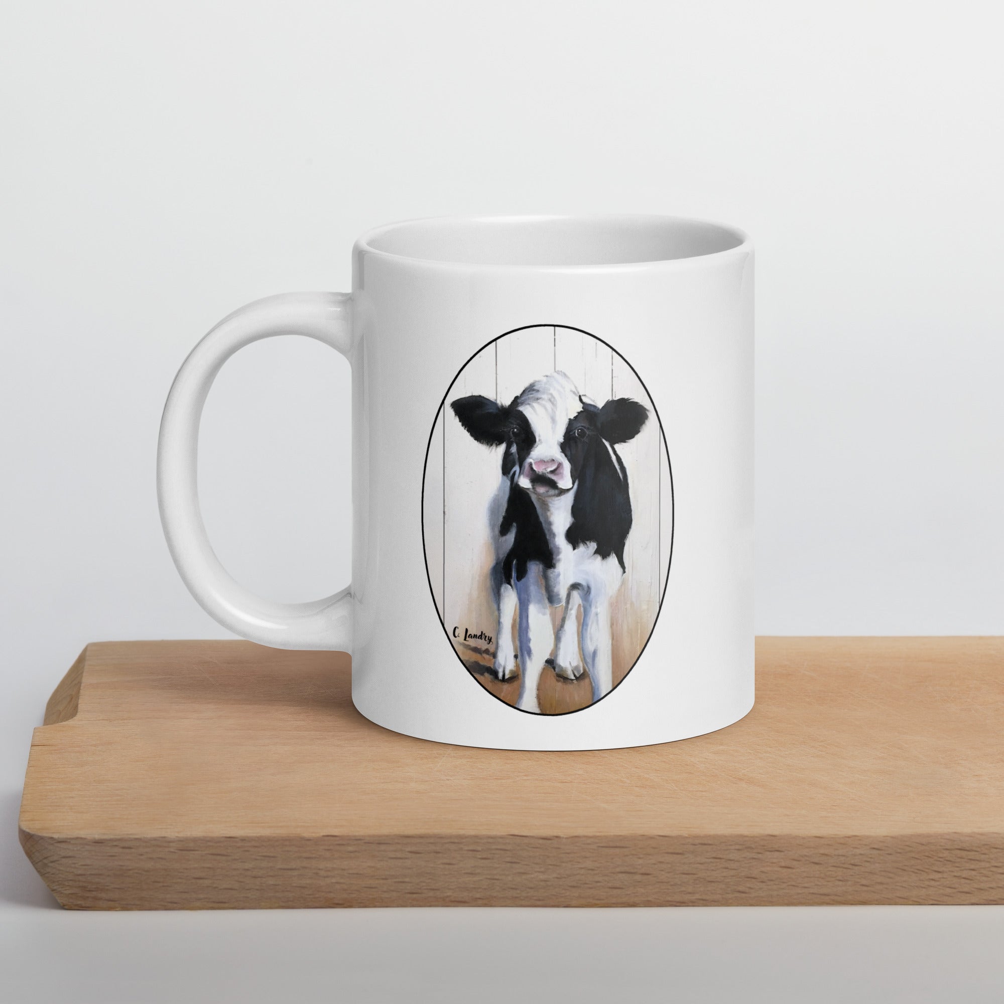 Mug, White Glossy with, 'Anthony Cow', by Artist Carol Landry