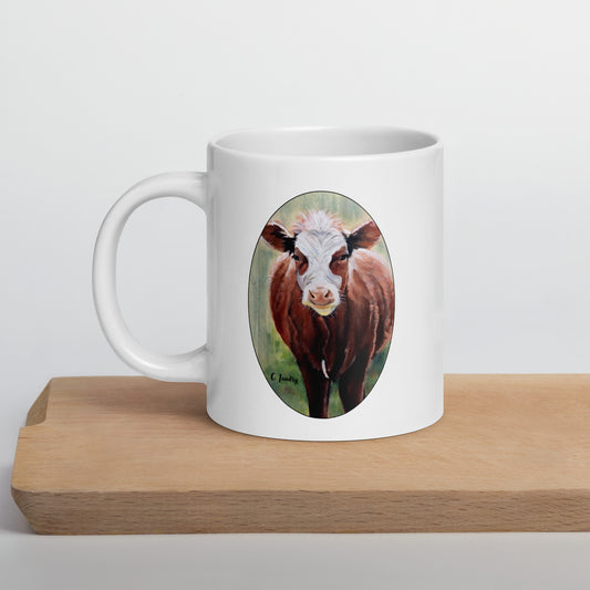 Mug, White Glossy with a 'Hereford Cow', by Artist Carol Landry