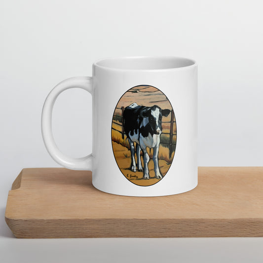 Mug, White Glossy with 'Cow on Farm', by Artist Carol Landry