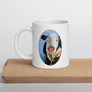 Mug, White Glossy with, 'Cow Selfi', by Artist Carol Landry