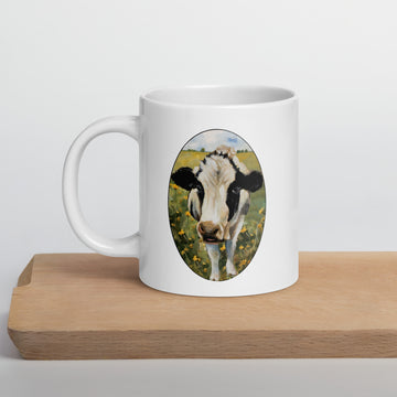 Mug, White Glossy with, 'Cow on Wood, Yellow Flowers', by Artist Carol Landry