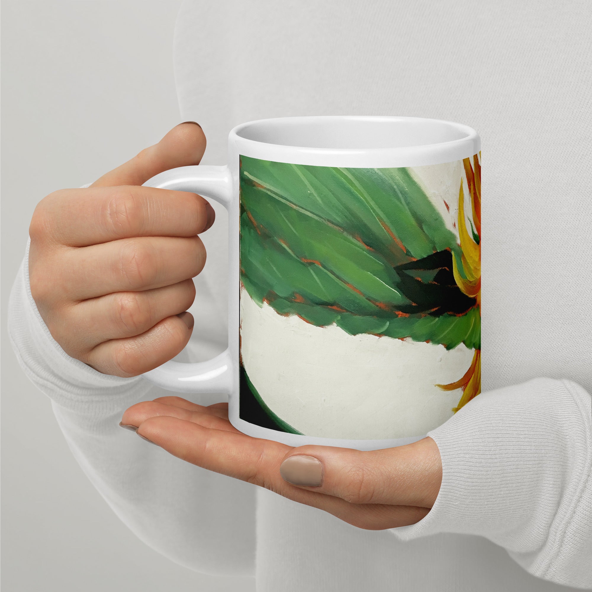 Mug, white glossy with a, 'Sunflower in the Wind', by Artist Carol Landry