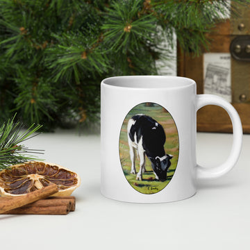 Mug, White Glossy with, 'Cow Grazing in Garner Valley', by Artist Carol Landry