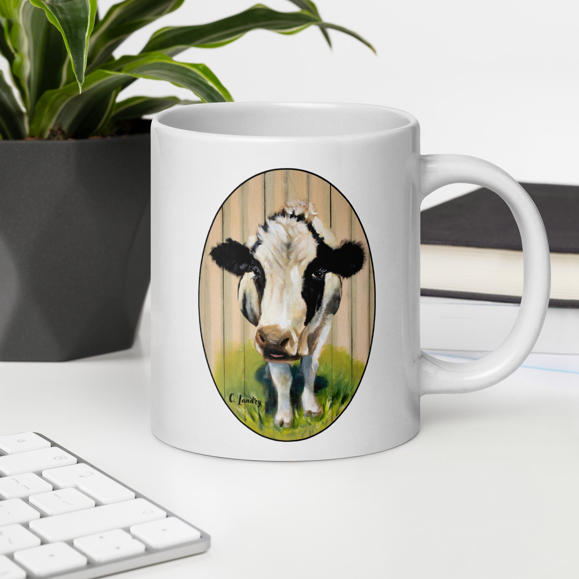 Mug, White Glossy with, 'Cow on Farm' by Artist Carol Landry