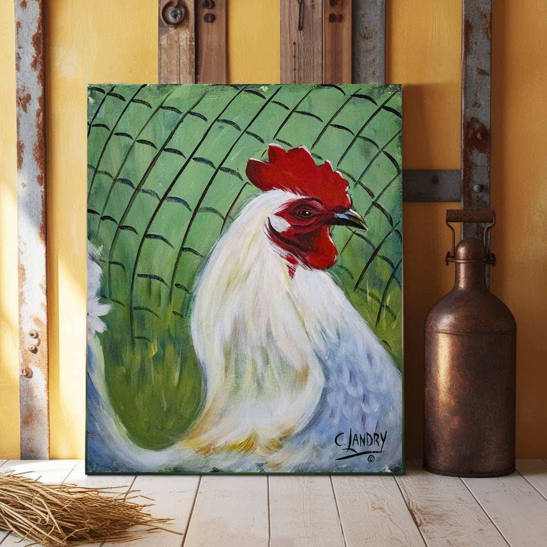 Rooster Wall Art, 'White Rooster' Original Acrylic Painting by Artist Carol Landry